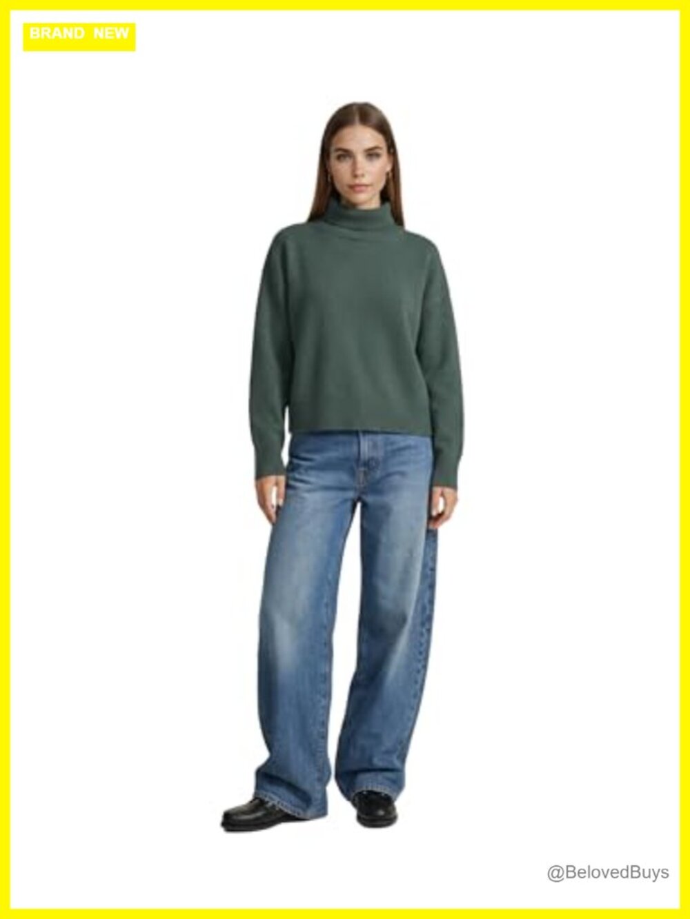 100% Cashmere Boxy Turtleneck Sweater 3/4 Sleeve Pullover